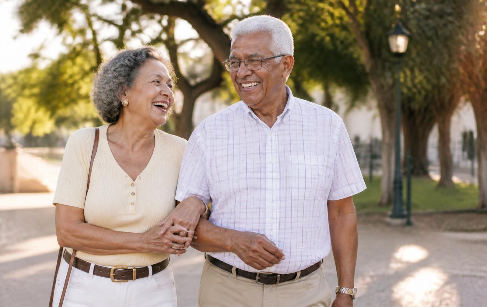 Casal idoso sorrindo em uma caminhada ao ar livre