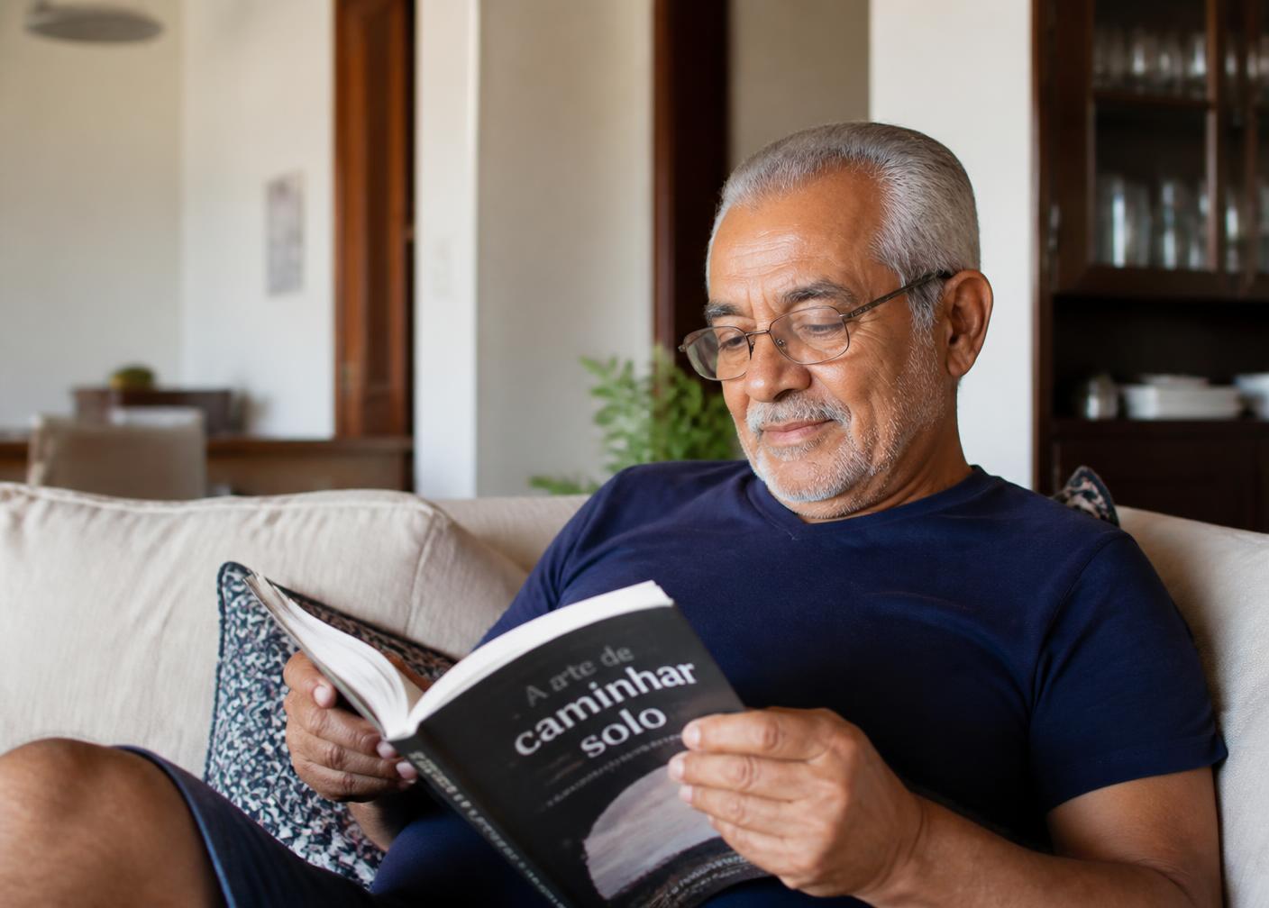 Homem idoso lendo um livro na sala de casa