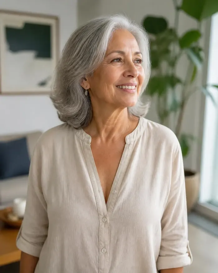Mulher brasileira de aproximadamente 70 anos sorrindo em casa