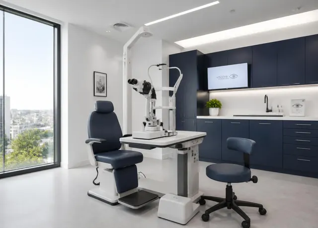 Consultório oftalmológico com equipamento de exame