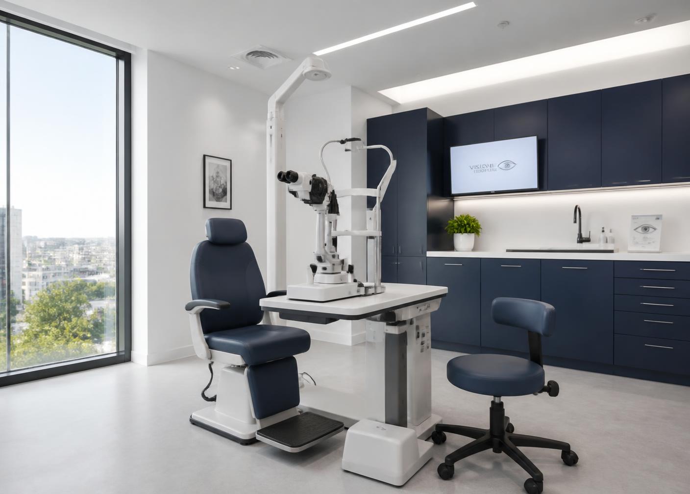 Consultório oftalmológico com equipamento de exame